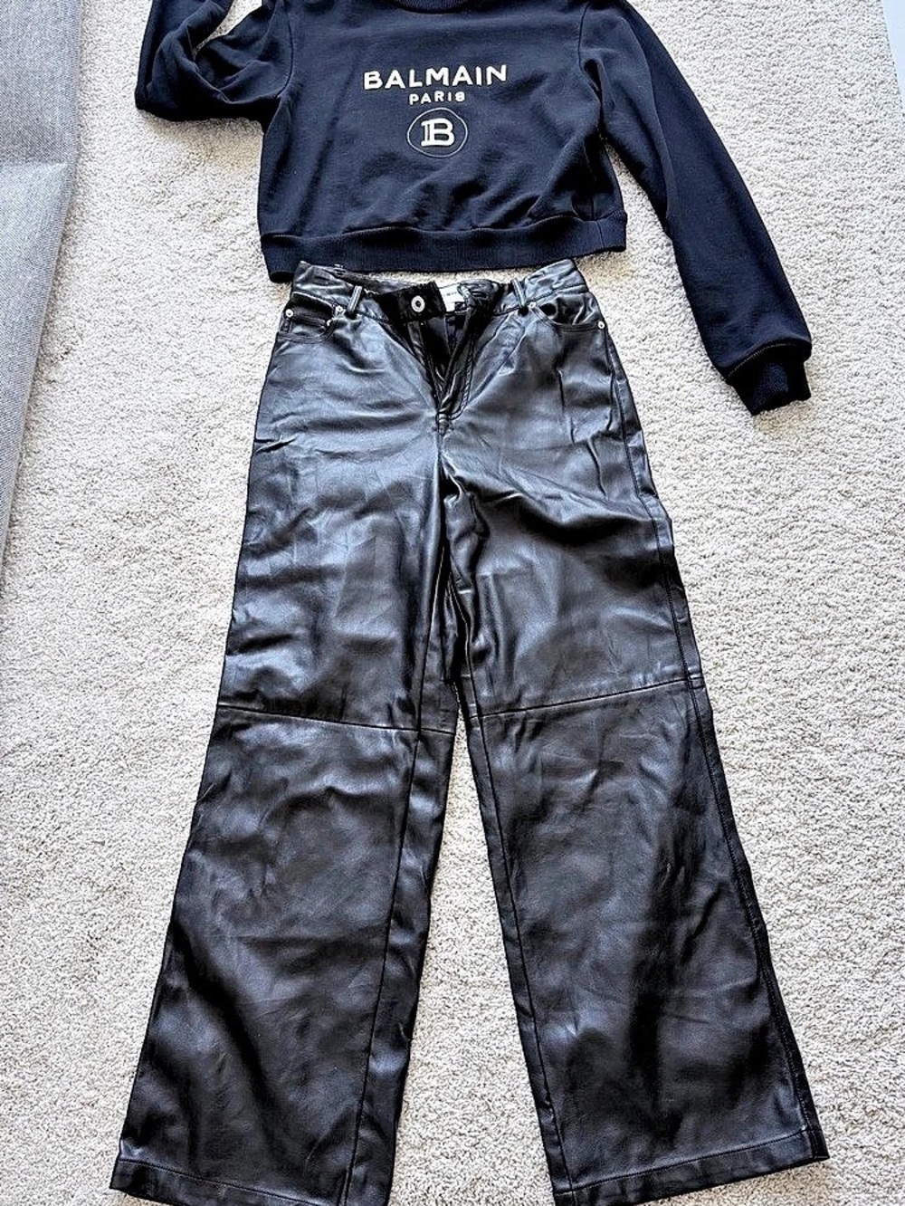 Balmain shirt&Black Faux Leather Straight Leg Pants Size Medium